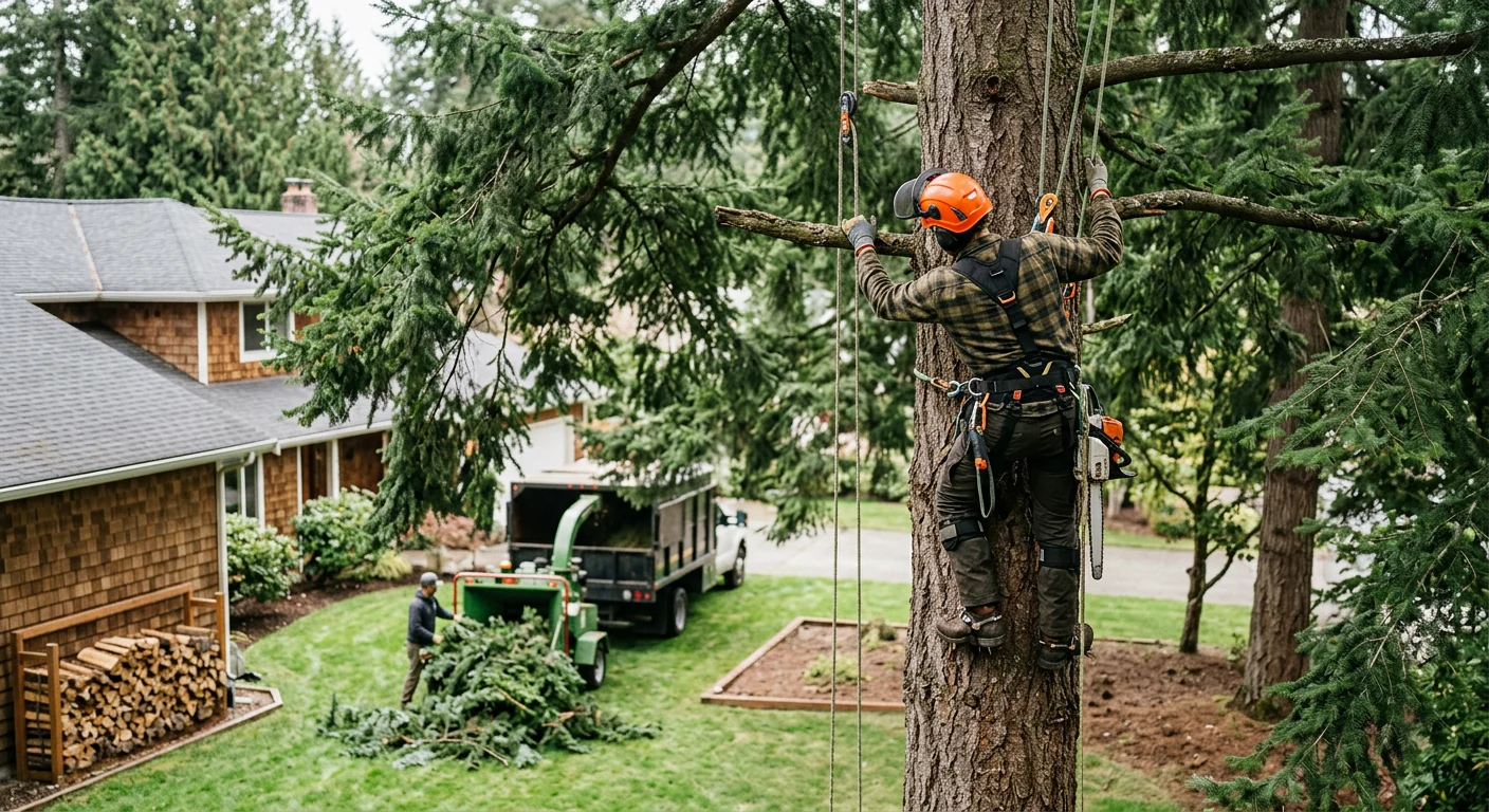 Arborist climbing tall evergreen to trim upper canopy branches safely
