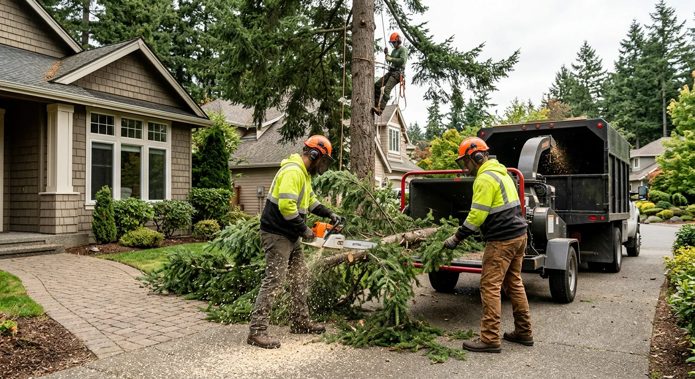 Tree crew loading cut limbs onto a truck in Redmond neighborhood